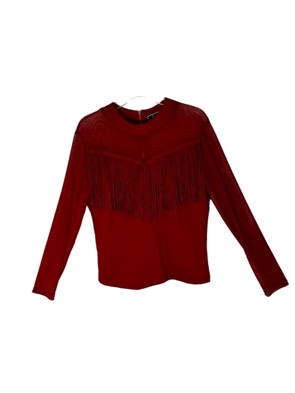 Vivid Womens Red Fringe Western Long Sleeve Top SZ L Sheer Bodice & Sleeves Boho - Picture 2 of 9